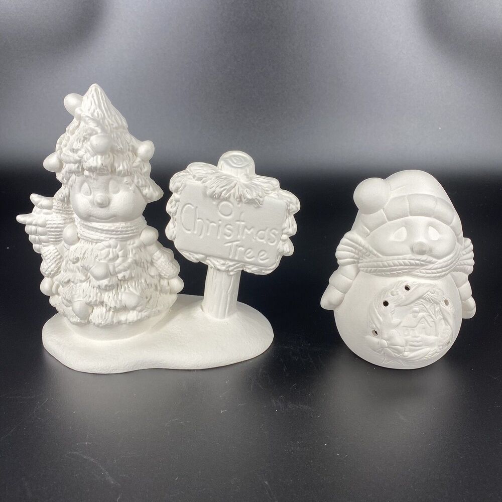 Lot of 2 Ready to Paint Ceramic Christmas Tree Snowman Holiday Decor